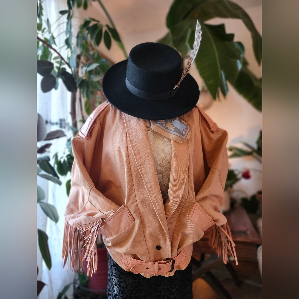 Vintage 90s Fringe Bomber Peach Denim LEATHER Fringe Rare Y2K Coachella Western